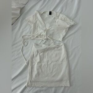 SHEIN White Cropped Wrap Top and Mini Skirt